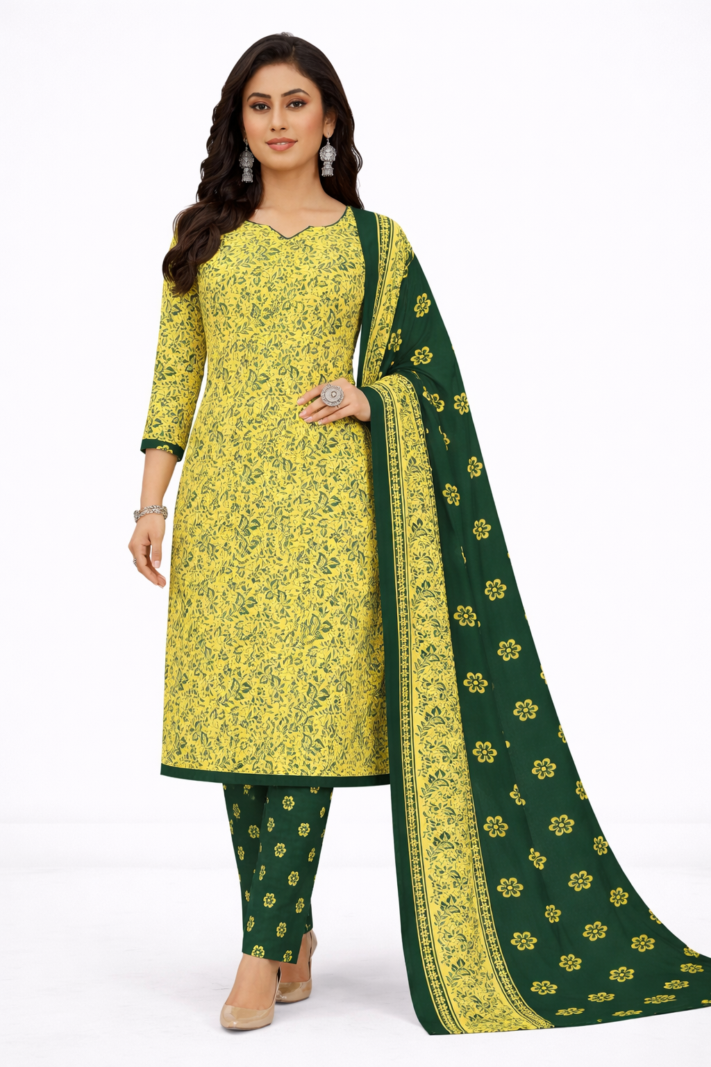 Elegant Yellow & Green Printed Salwar Suit Set with Dupatta