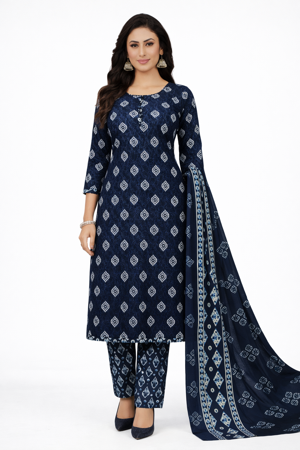Elegant Navy Blue Printed Salwar Suit Set with Dupatta