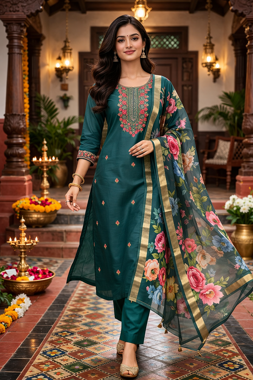 Light Green Roman Silk Salwar Suit with Floral Dupatta