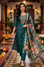 Light Green Roman Silk Salwar Suit with Floral Dupatta