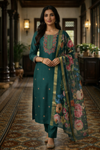 Light Green Roman Silk Salwar Suit with Floral Dupatta