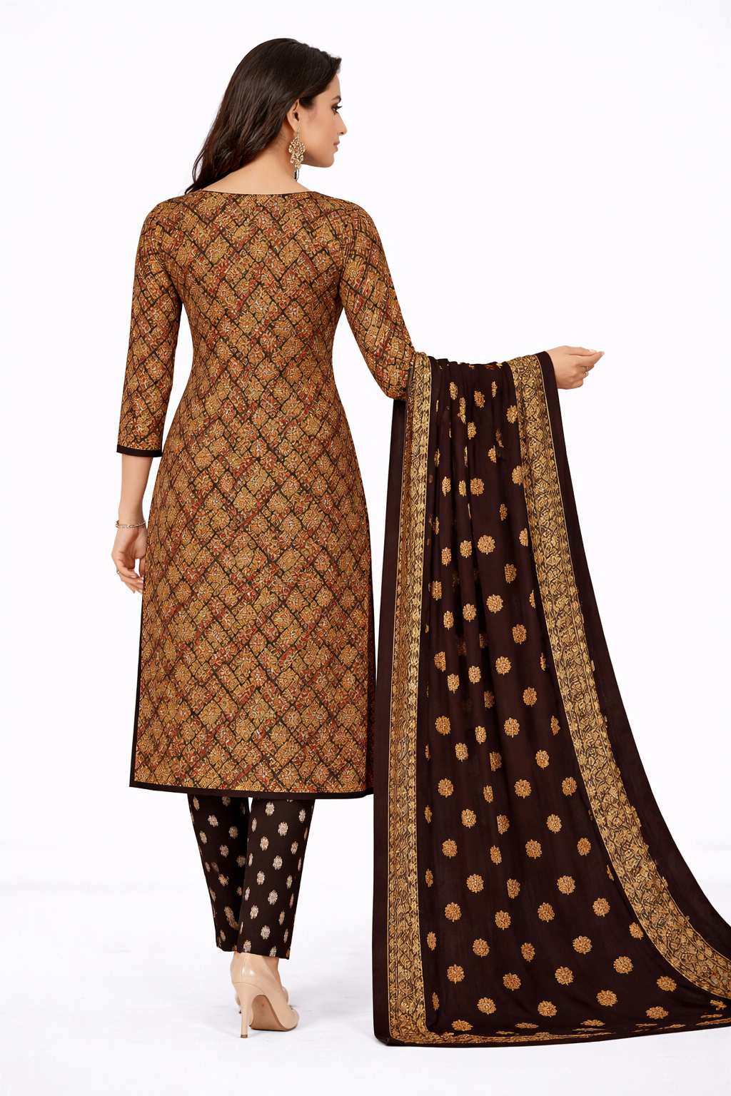 Elegant Brown Printed Salwar Suit Set with Dupatta