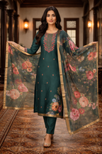 Light Green Roman Silk Salwar Suit with Floral Dupatta