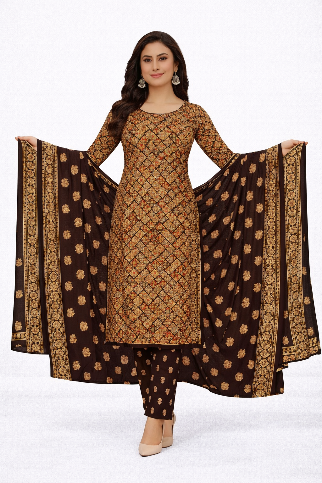 Elegant Brown Printed Salwar Suit Set with Dupatta