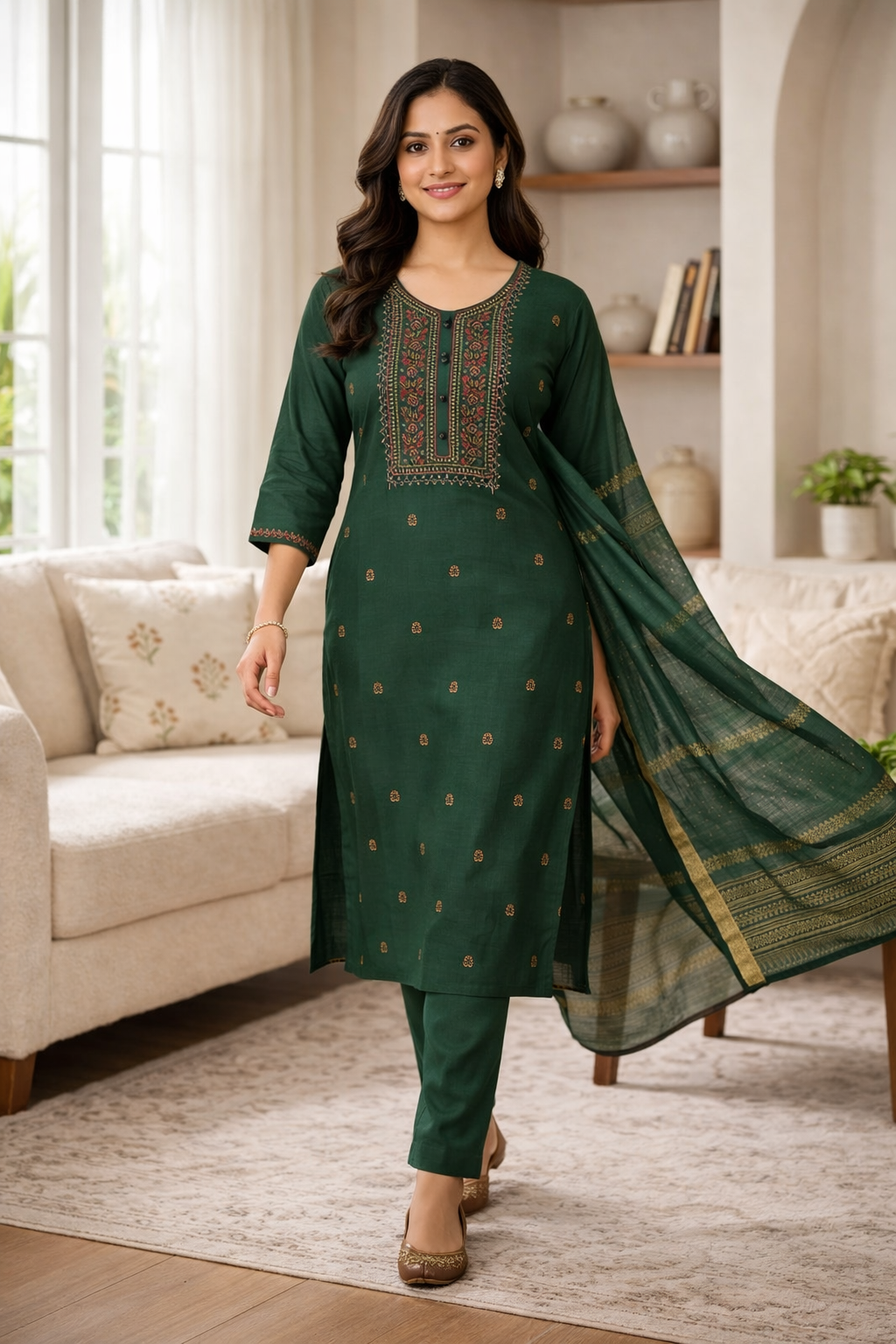 Bottle Green Roman Silk Salwar Suit with Dupatta | Embroidered Round Neck Kurti Set for Women