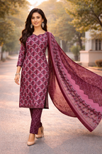 Stylish Wine Pink Printed Salwar Suit Set with Dupatta