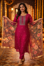 Rani Pink Roman Silk Salwar Suit with Floral Dupatta
