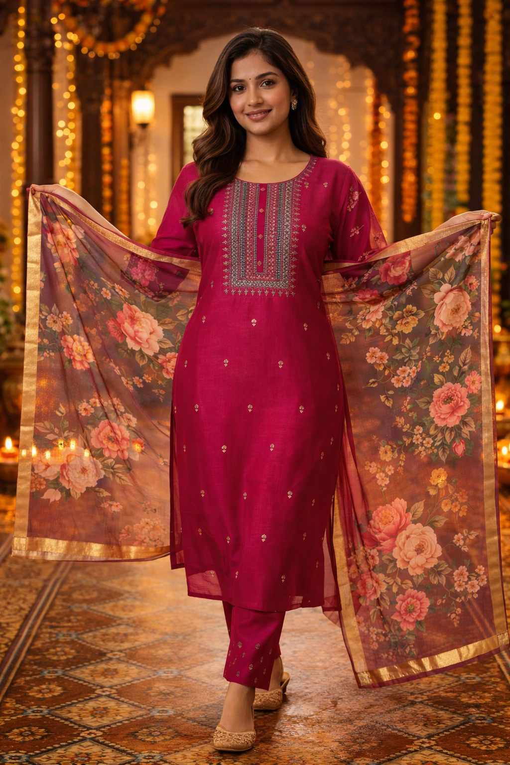 Rani Pink Roman Silk Salwar Suit with Floral Dupatta | Embroidered Round Neck Kurti Set for Women