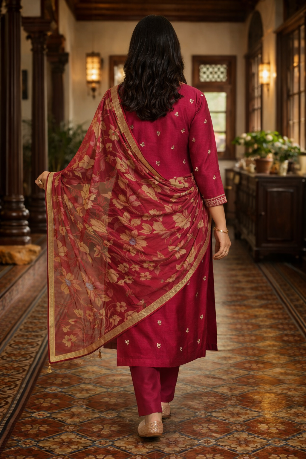 Pink Roman Silk Salwar Suit with Floral Dupatta