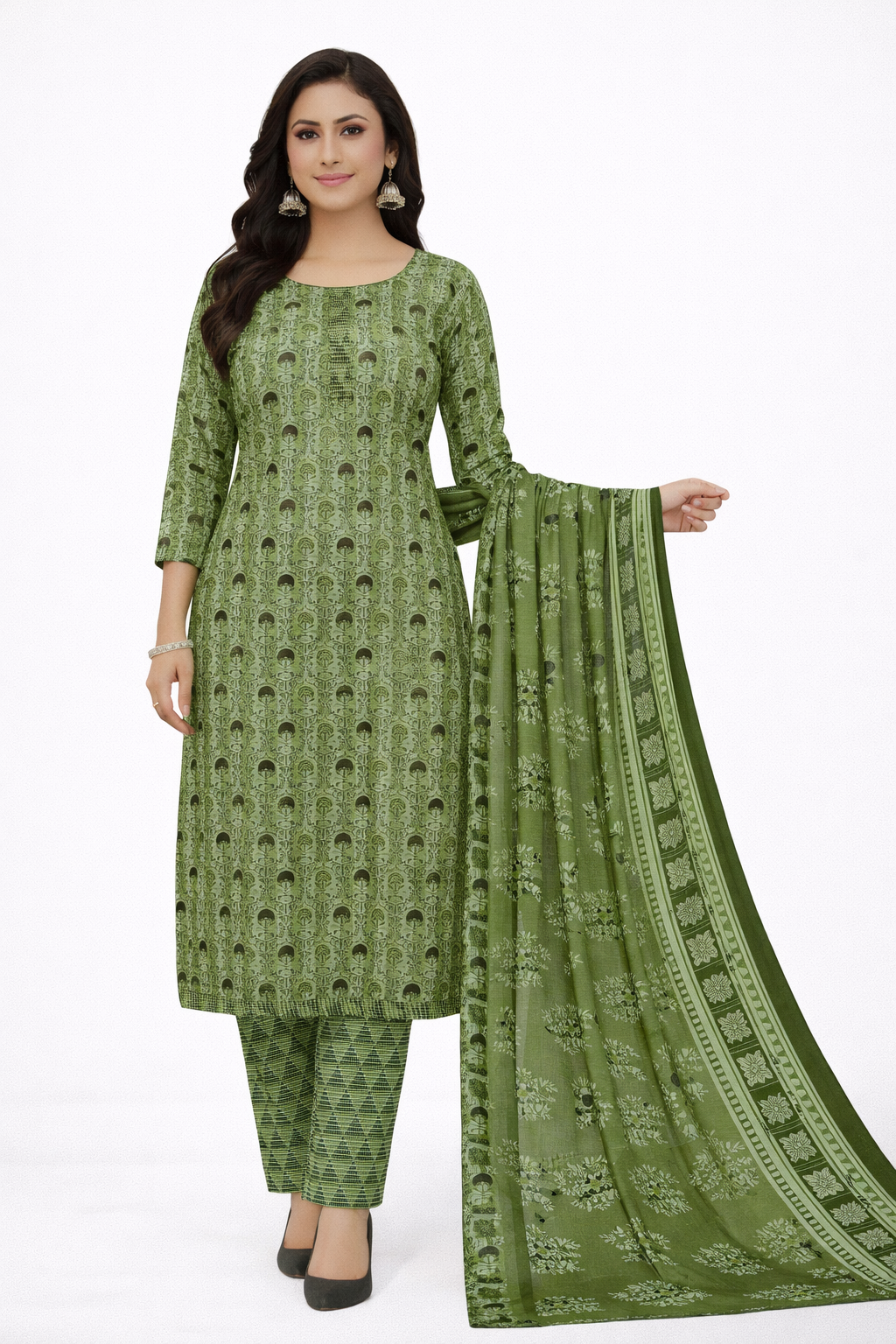 Elegant Olive Green Printed Salwar Suit Set with Dupatta