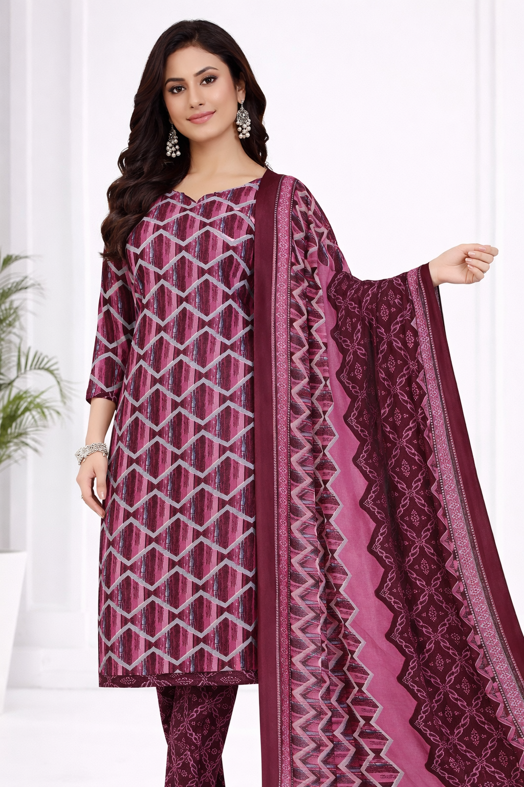 Stylish Wine Pink Printed Salwar Suit Set with Dupatta