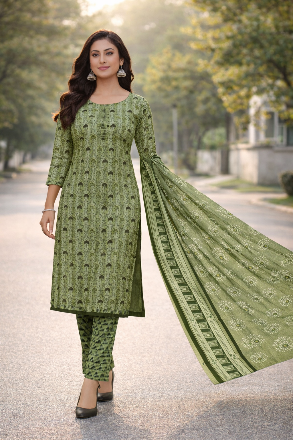 Elegant Olive Green Printed Salwar Suit Set with Dupatta