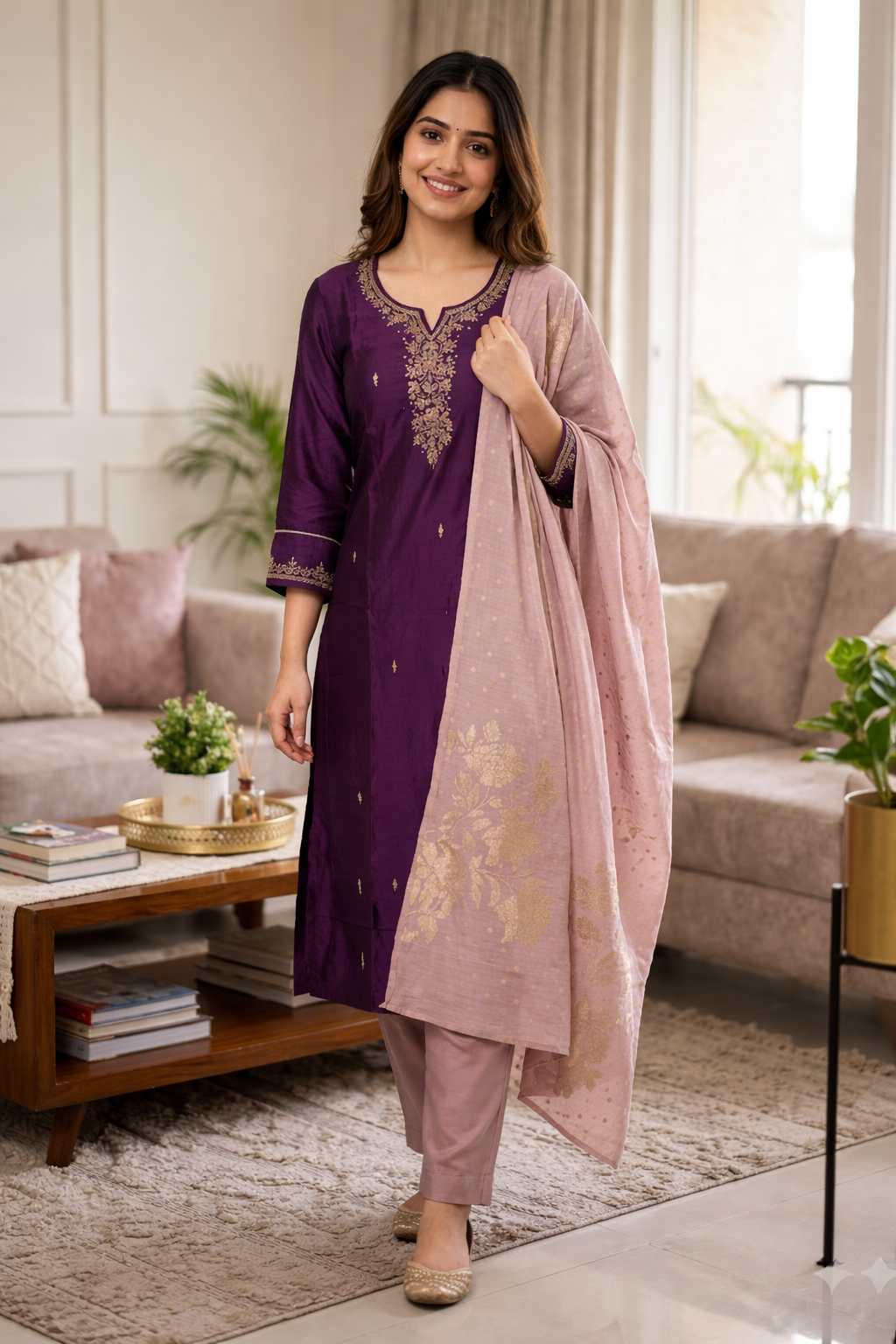 Purple Rangila Silk Salwar Suit with Stone Work & Lotus Neck