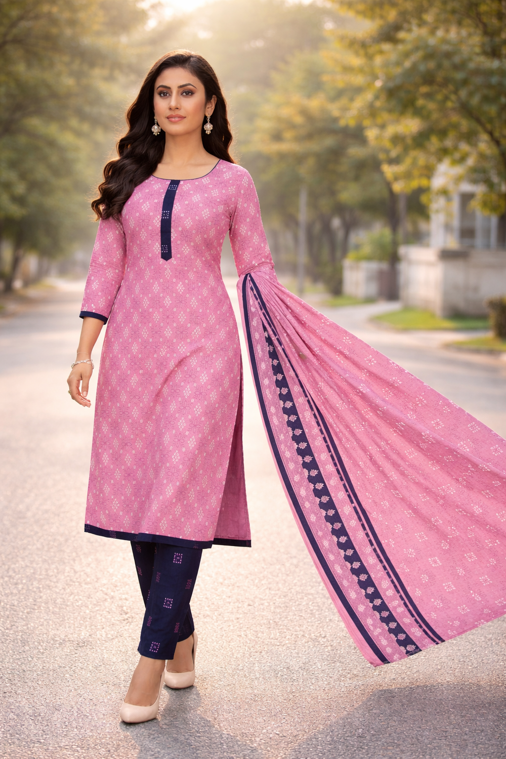 Elegant Pink Printed Salwar Suit Set with Dupatta