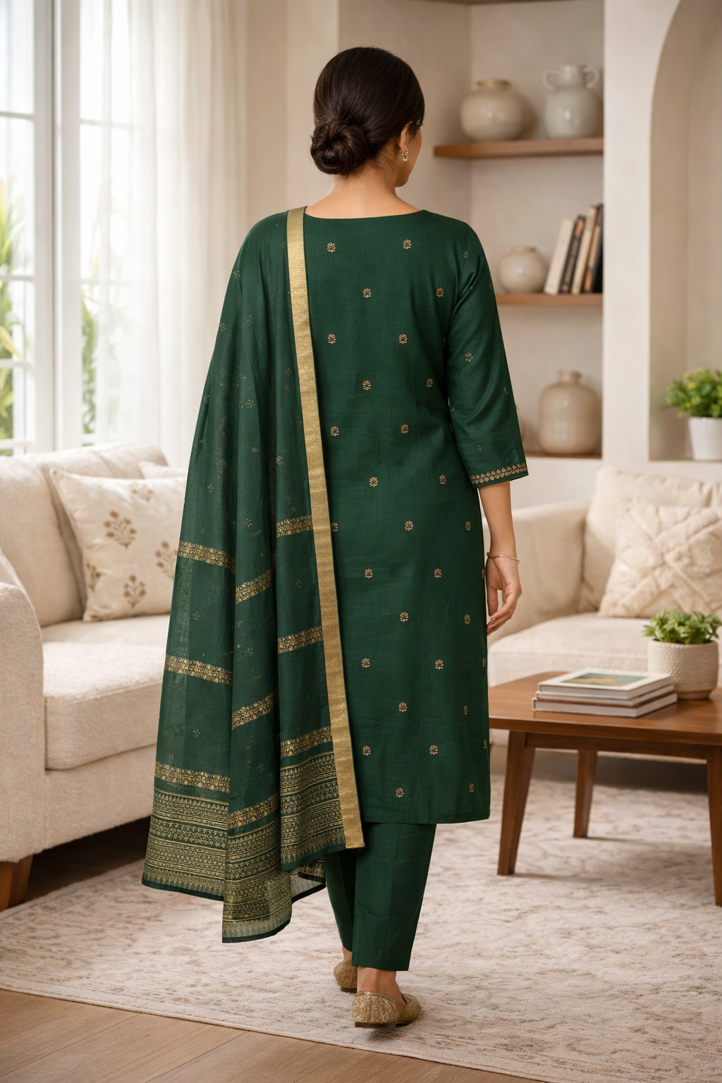 Bottle Green Roman Silk Salwar Suit with Dupatta | Embroidered Round Neck Kurti Set for Women