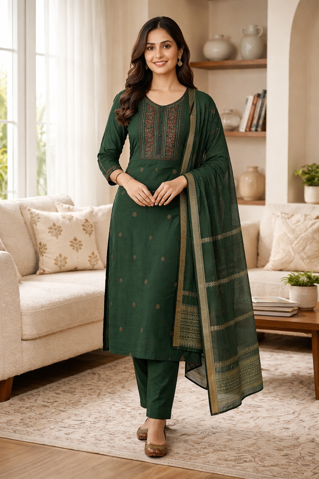 Bottle Green Roman Silk Salwar Suit with Dupatta
