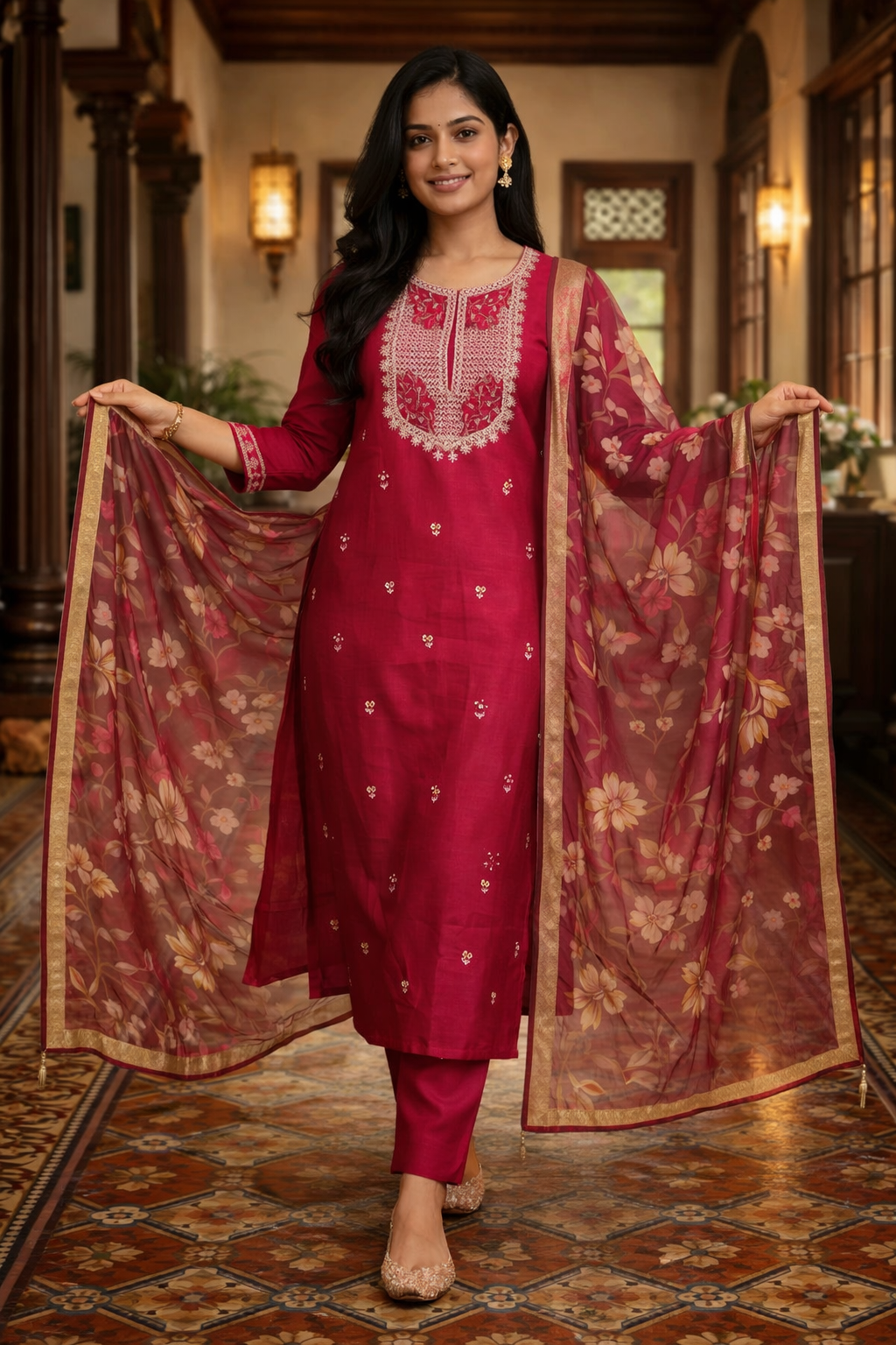 Pink Roman Silk Salwar Suit with Floral Dupatta