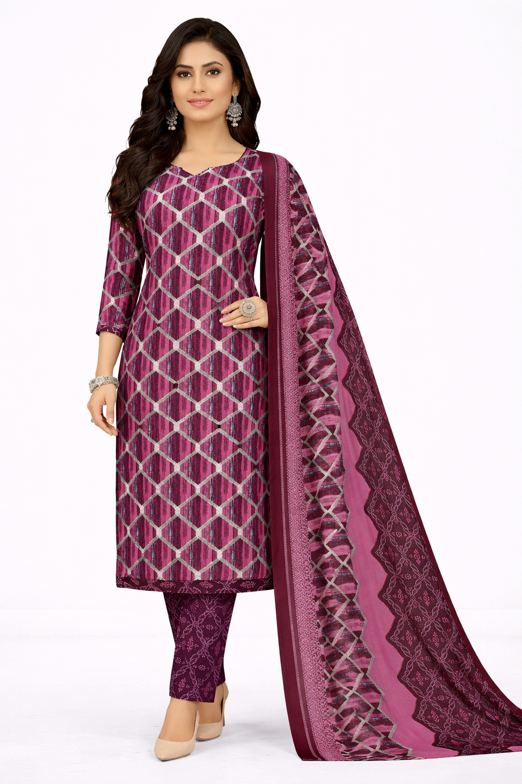 Stylish Wine Pink Printed Salwar Suit Set with Dupatta