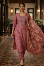 Dusty Rose Roman Silk Salwar Suit with Floral Dupatta