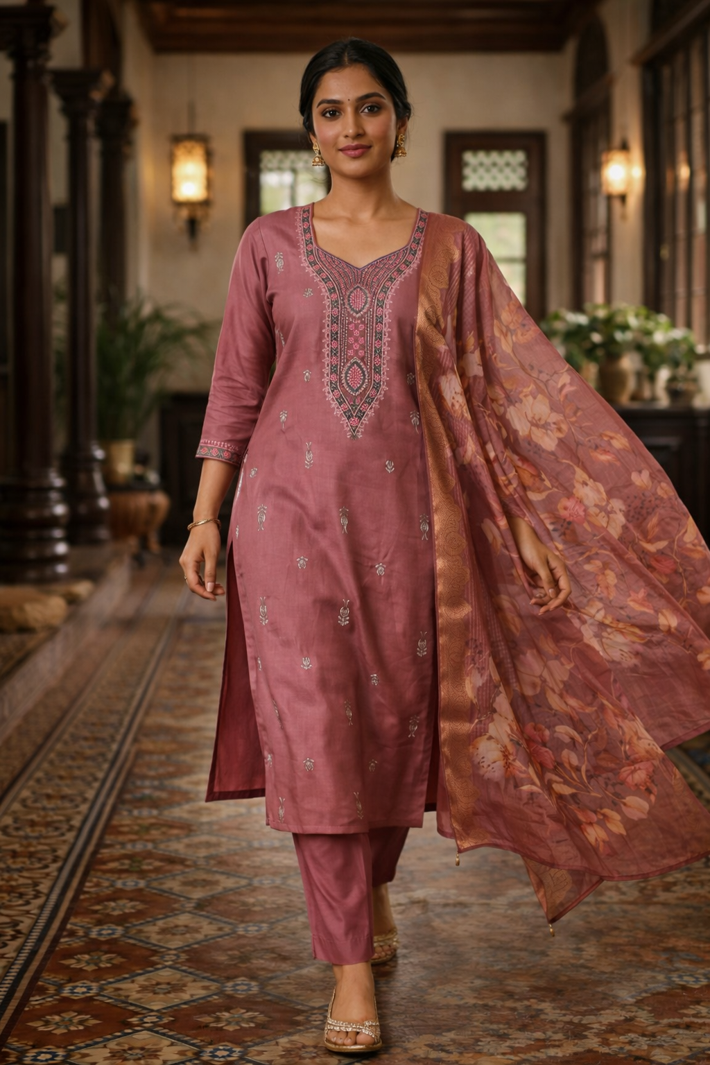 Dusty Rose Roman Silk Salwar Suit with Floral Dupatta