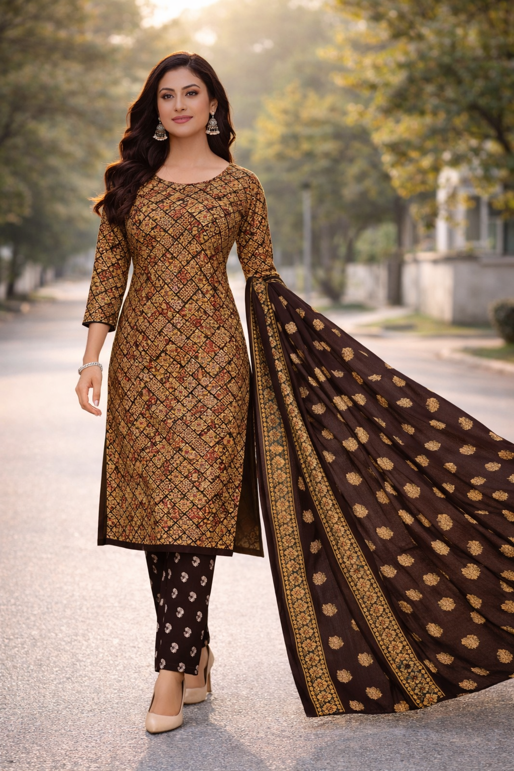 Elegant Brown Printed Salwar Suit Set with Dupatta