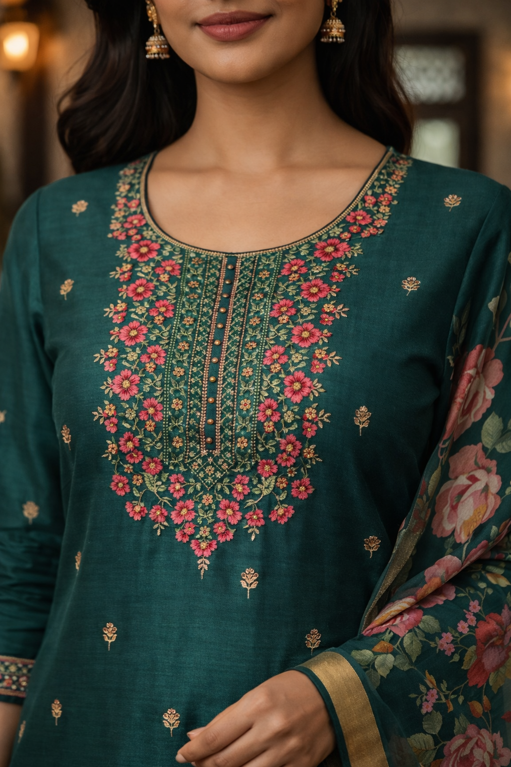 Light Green Roman Silk Salwar Suit with Floral Dupatta | Embroidered Round Neck Kurti Set for Women