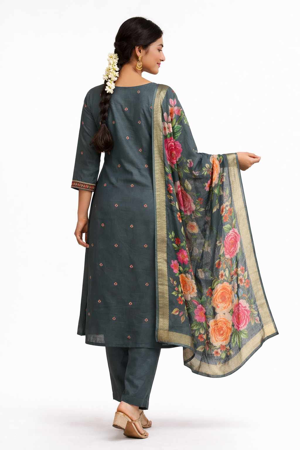 Slate Grey Roman Silk Salwar Suit with Floral Dupatta | Embroidered Round Neck Kurti Set for Women