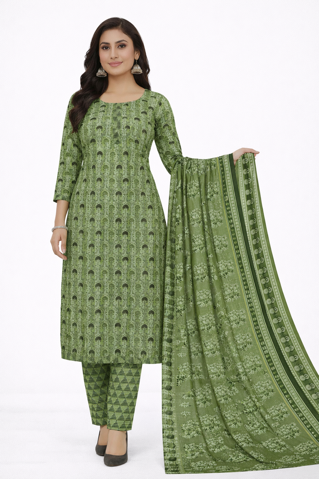 Elegant Olive Green Printed Salwar Suit Set with Dupatta