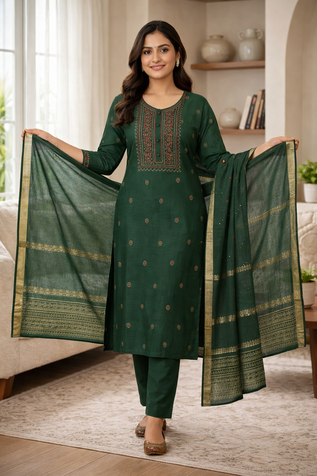 Bottle Green Roman Silk Salwar Suit with Dupatta | Embroidered Round Neck Kurti Set for Women