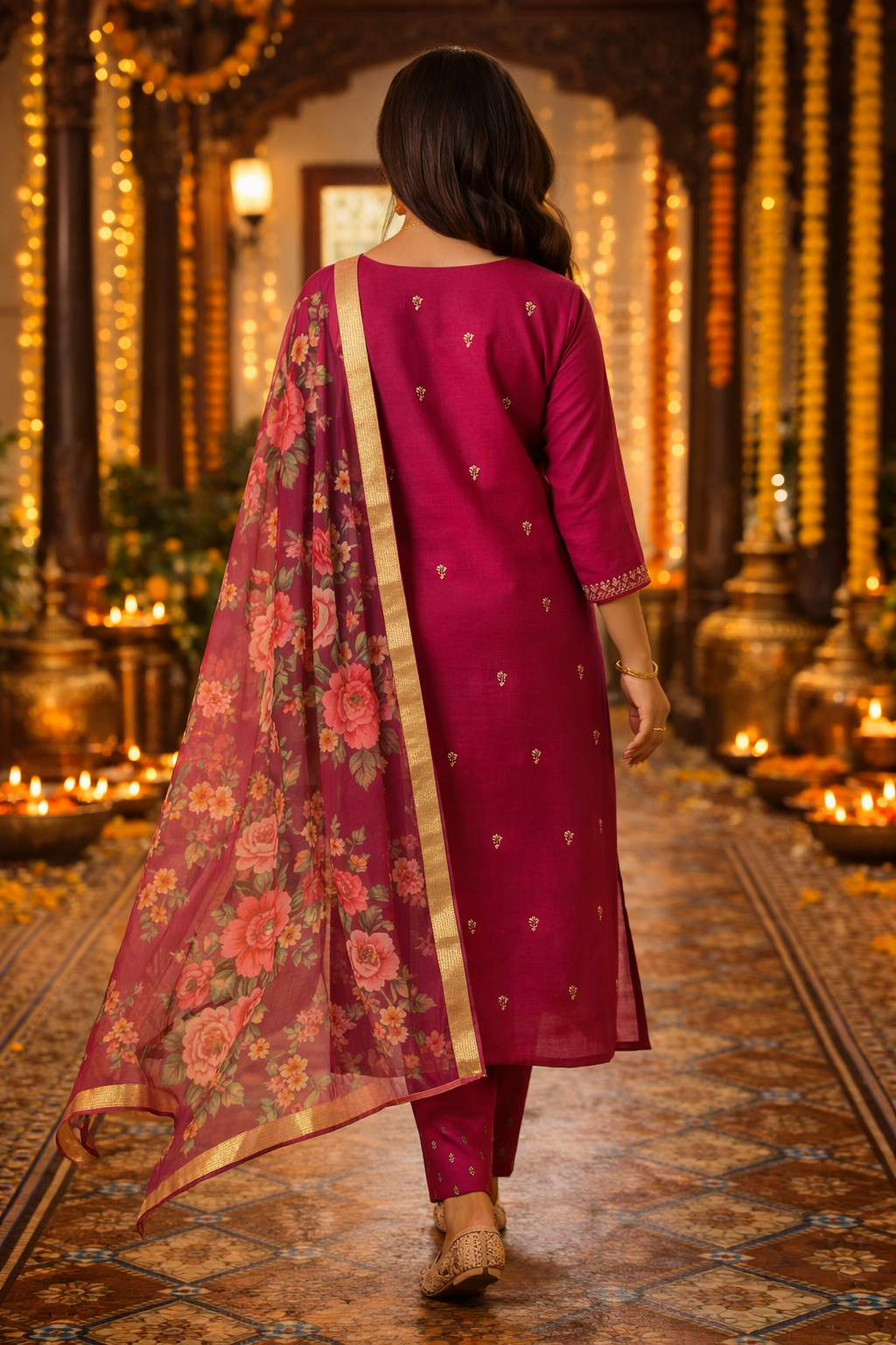 Rani Pink Roman Silk Salwar Suit with Floral Dupatta | Embroidered Round Neck Kurti Set for Women