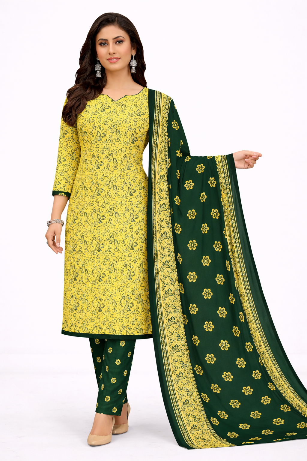 Elegant Yellow & Green Printed Salwar Suit Set with Dupatta
