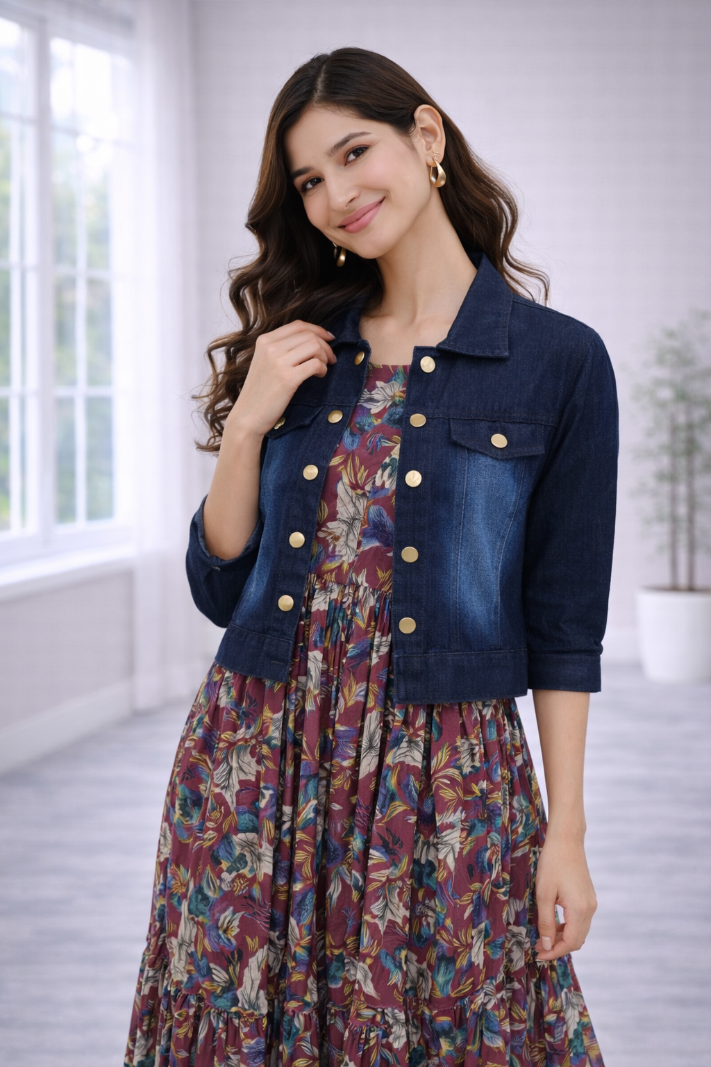 Women’s Onion Pink Frock Style Western Top with Denim Jacket – Round Neck