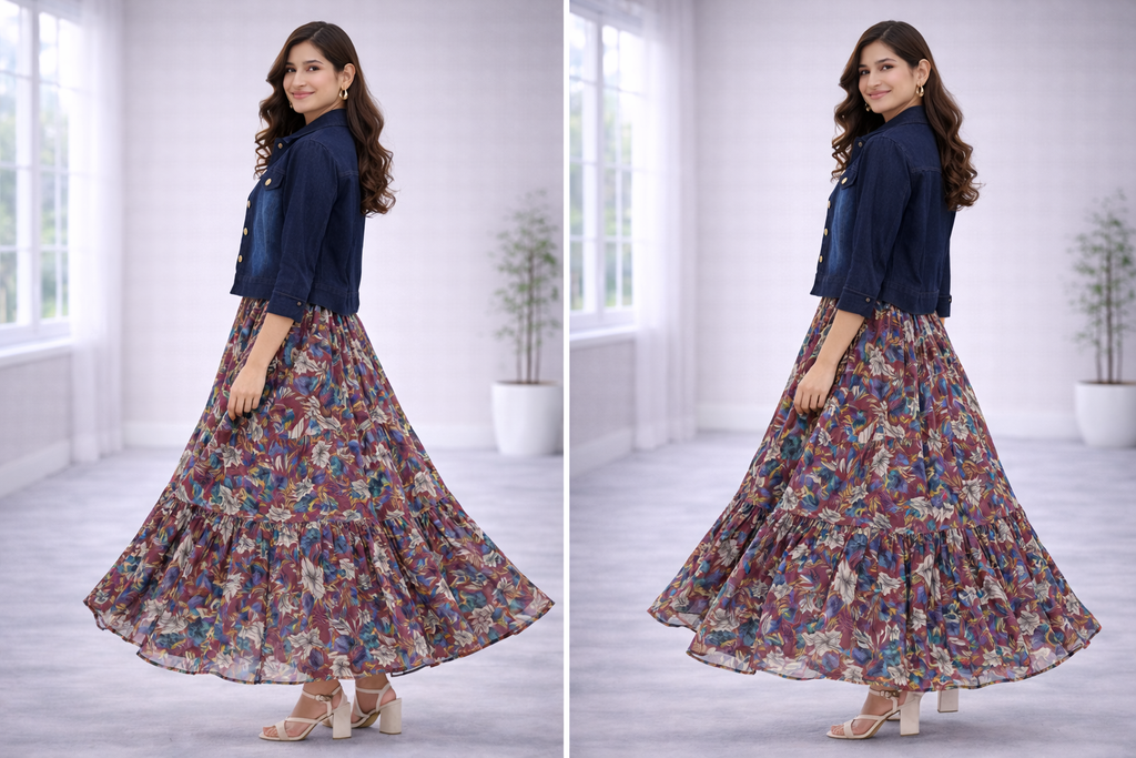 Women’s Onion Pink Frock Style Western Top with Denim Jacket – Round Neck