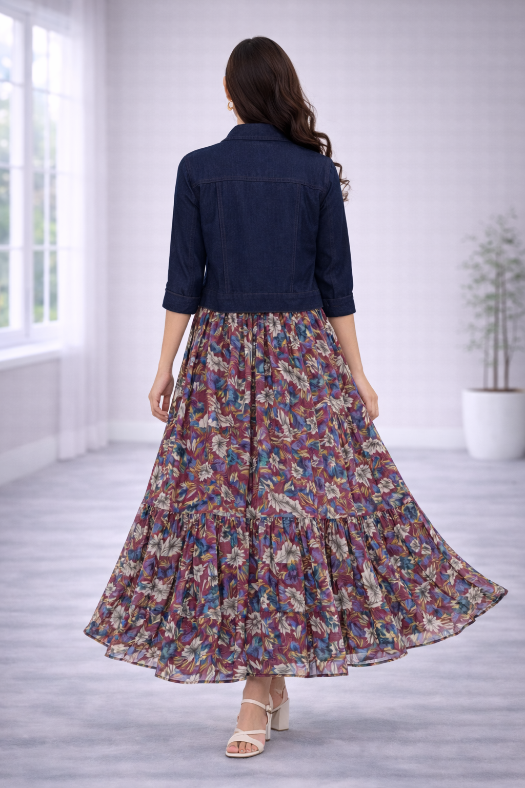 Women’s Onion Pink Frock Style Western Top with Denim Jacket – Round Neck