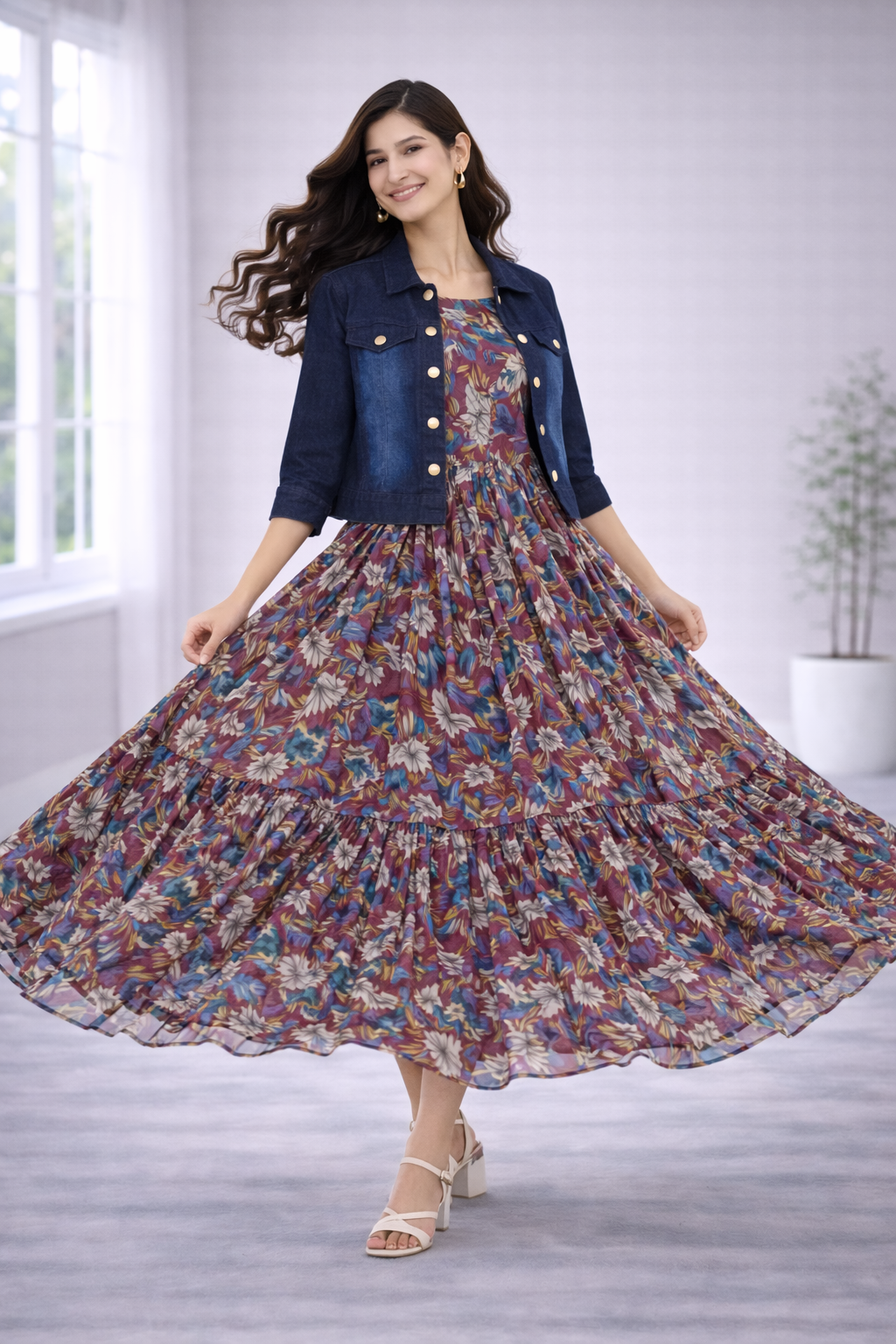 Women’s Onion Pink Frock Style Western Top with Denim Jacket – Round Neck