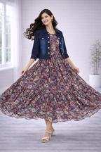 Women’s Onion Pink Frock Style Western Top with Denim Jacket – Round Neck