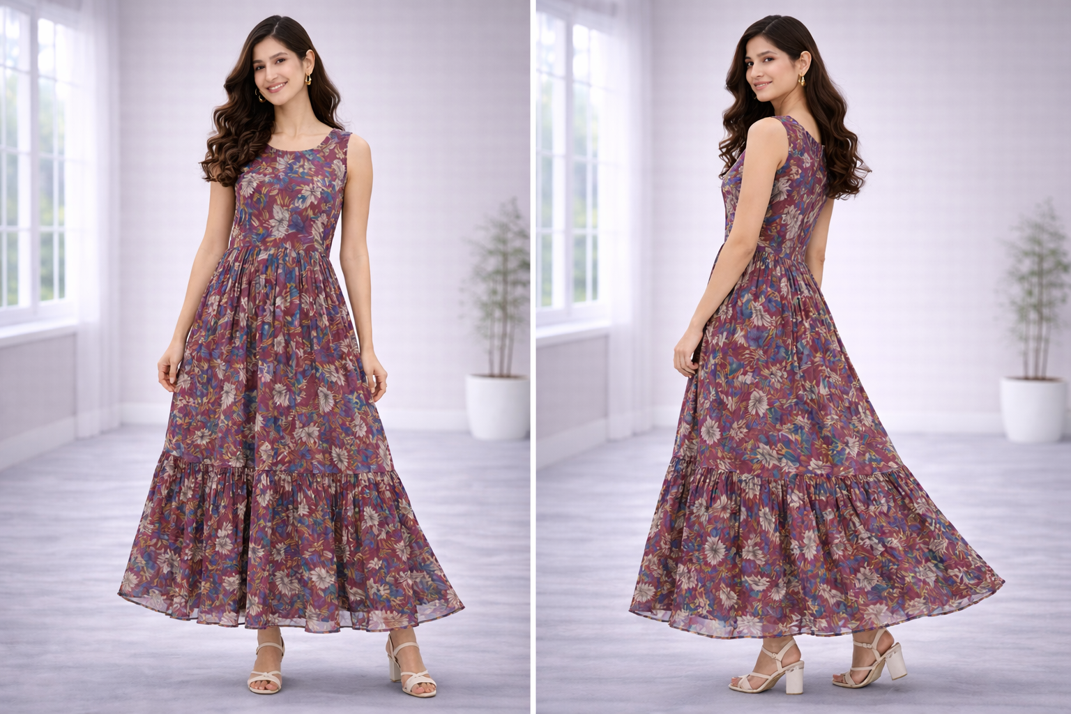 Women’s Onion Pink Frock Style Western Top with Denim Jacket – Round Neck