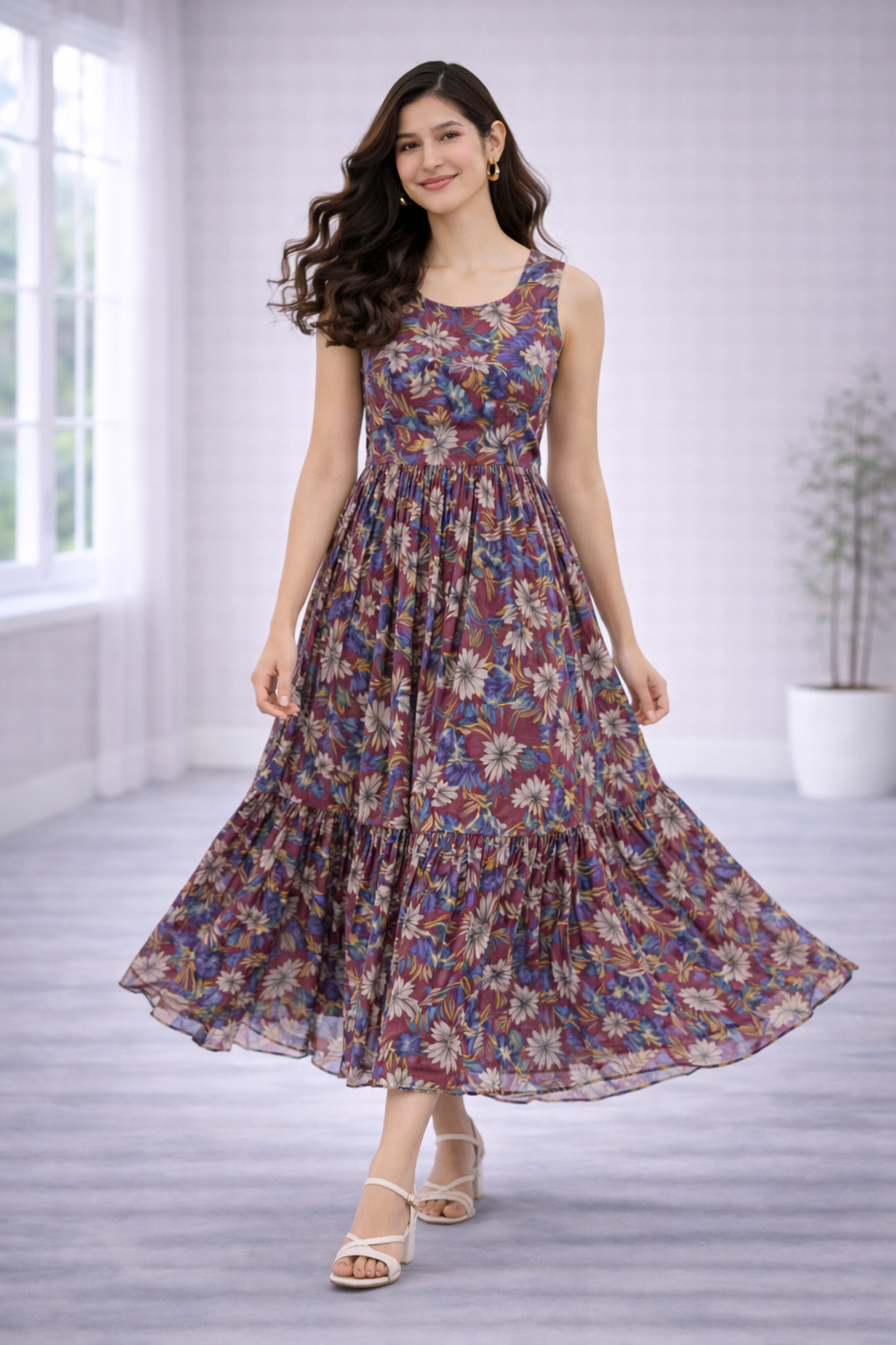 Women’s Onion Pink Frock Style Western Top with Denim Jacket – Round Neck