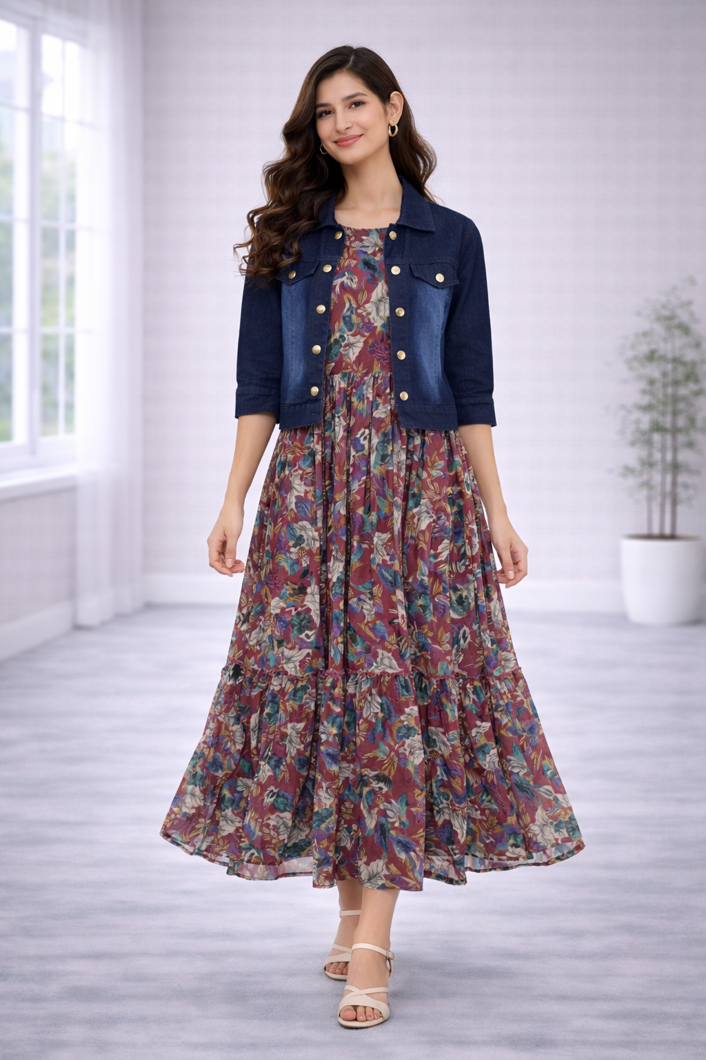 Women’s Onion Pink Frock Style Western Top with Denim Jacket – Round Neck