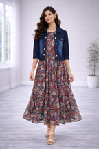 Women’s Onion Pink Frock Style Western Top with Denim Jacket – Round Neck