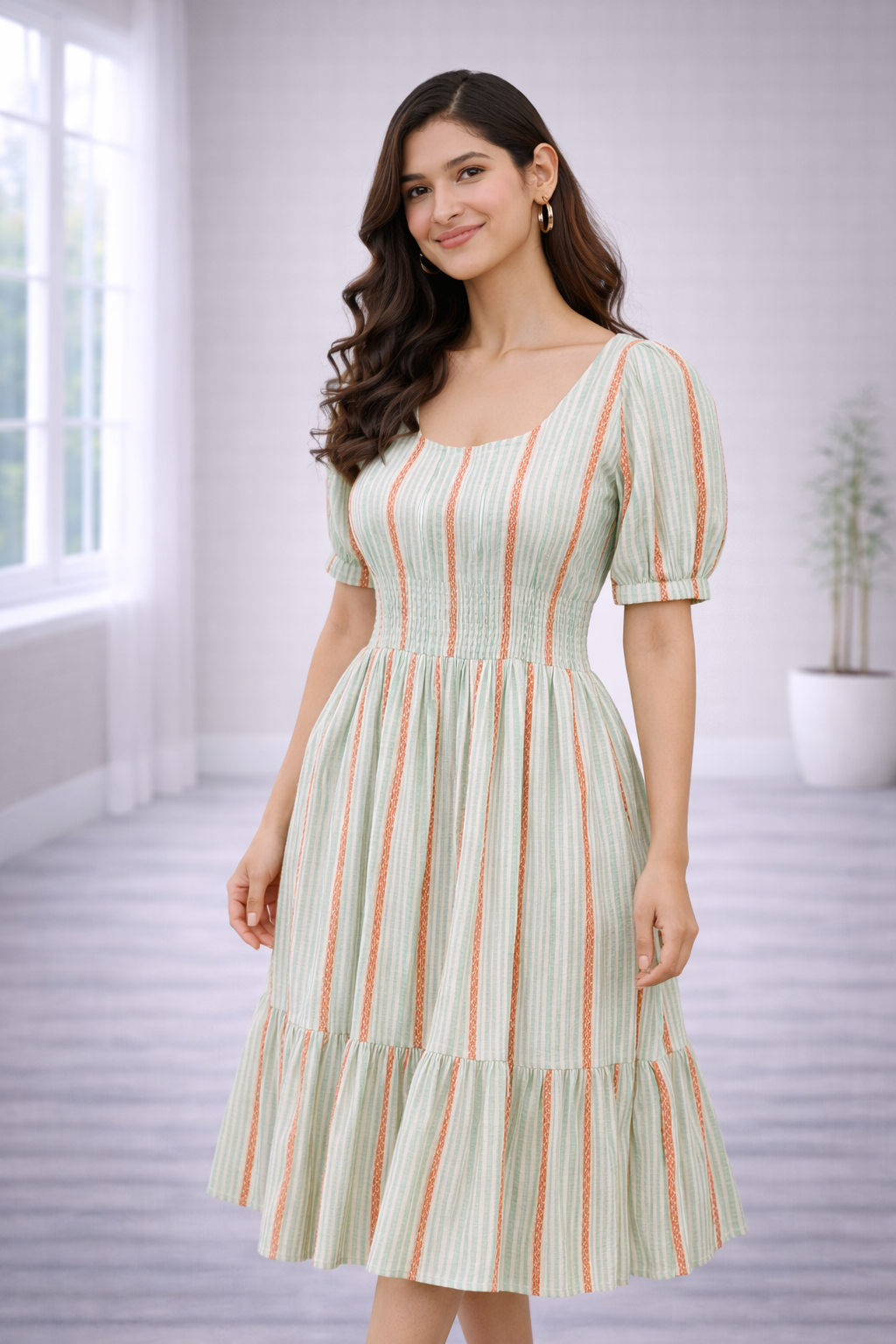 Women’s Pista Green Striped Frock Style Western Top – Scoop Neck Popcorn Fabric