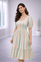 Women’s Pista Green Striped Frock Style Western Top – Scoop Neck Popcorn Fabric
