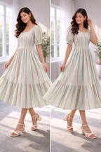 Women’s Pista Green Striped Frock Style Western Top – Scoop Neck Popcorn Fabric