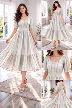 Women’s Pista Green Striped Frock Style Western Top – Scoop Neck Popcorn Fabric