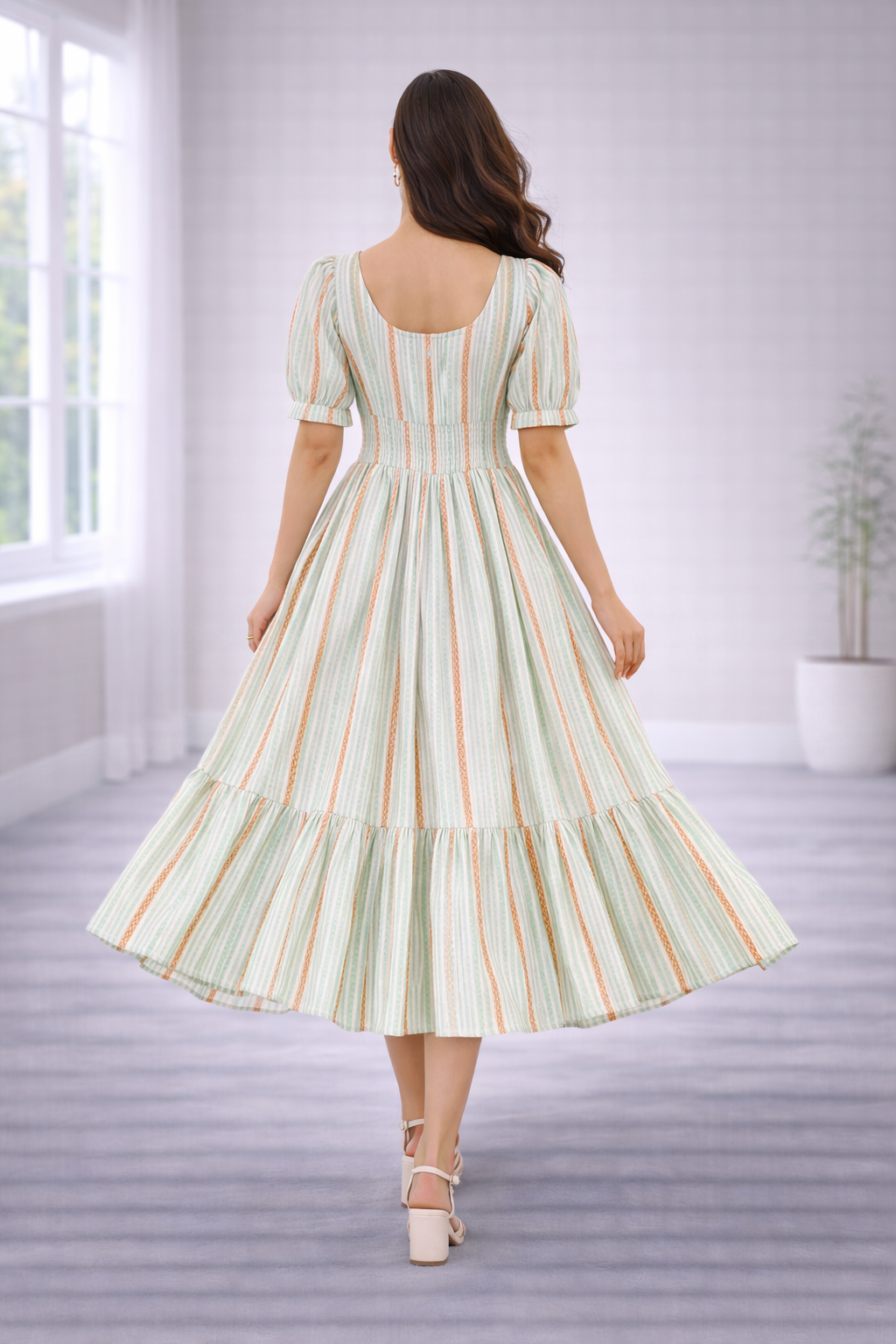 Women’s Pista Green Striped Frock Style Western Top – Scoop Neck Popcorn Fabric