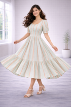 Women’s Pista Green Striped Frock Style Western Top – Scoop Neck Popcorn Fabric