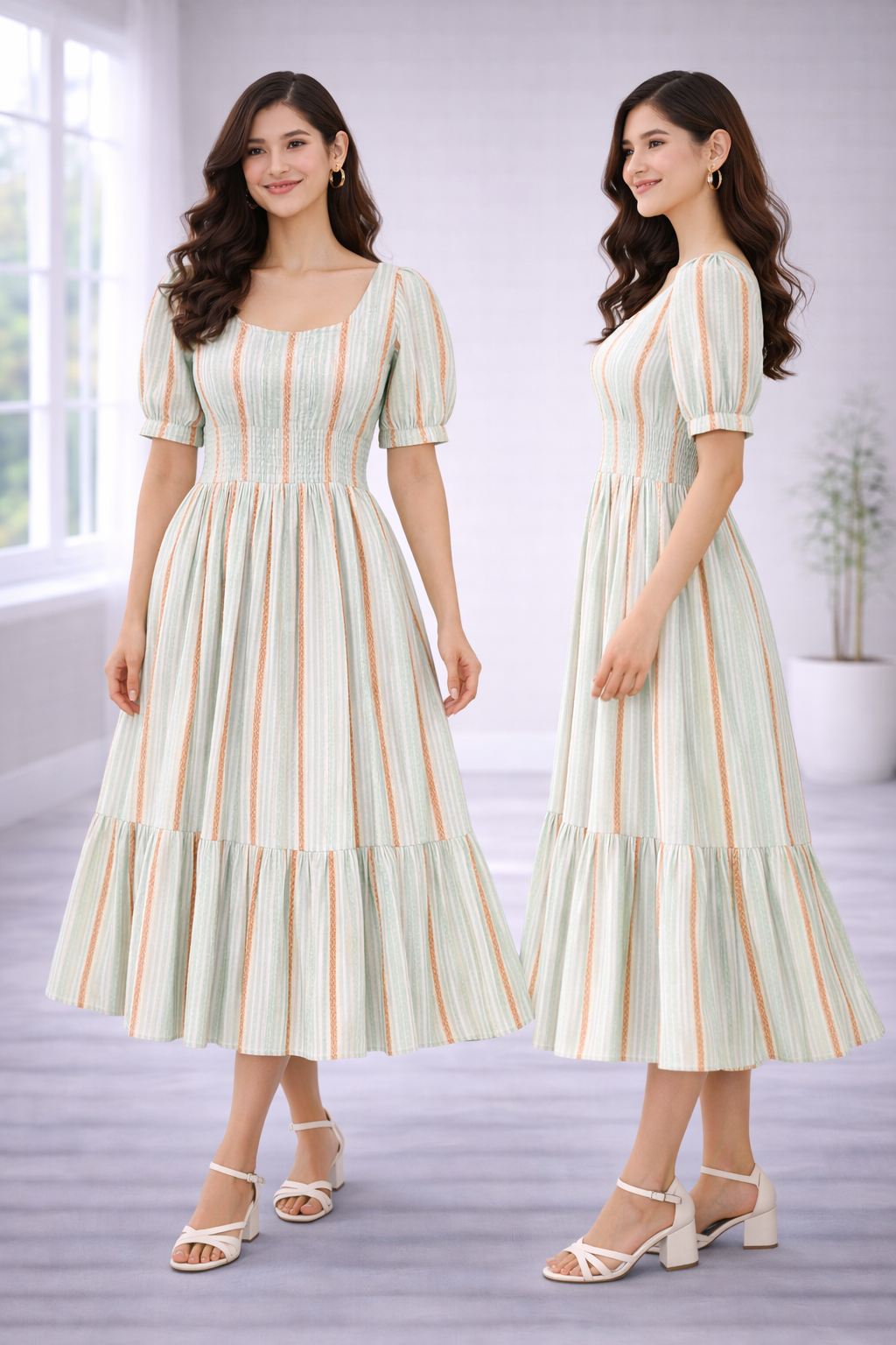 Women’s Pista Green Striped Frock Style Western Top – Scoop Neck Popcorn Fabric