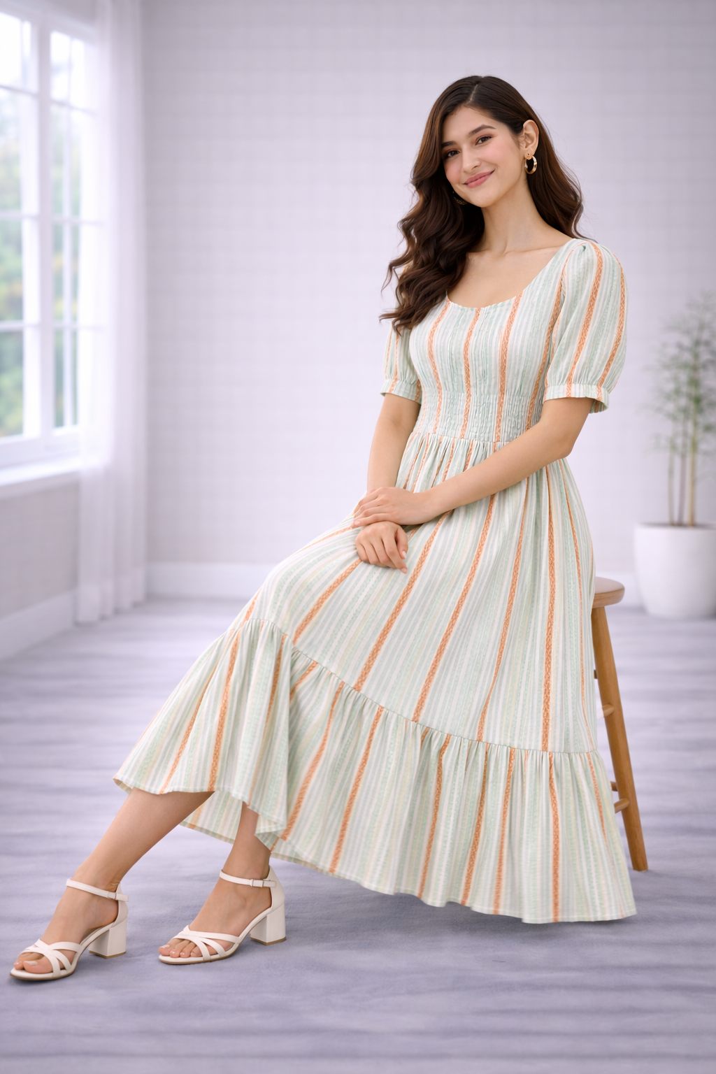 Women’s Pista Green Striped Frock Style Western Top – Scoop Neck Popcorn Fabric