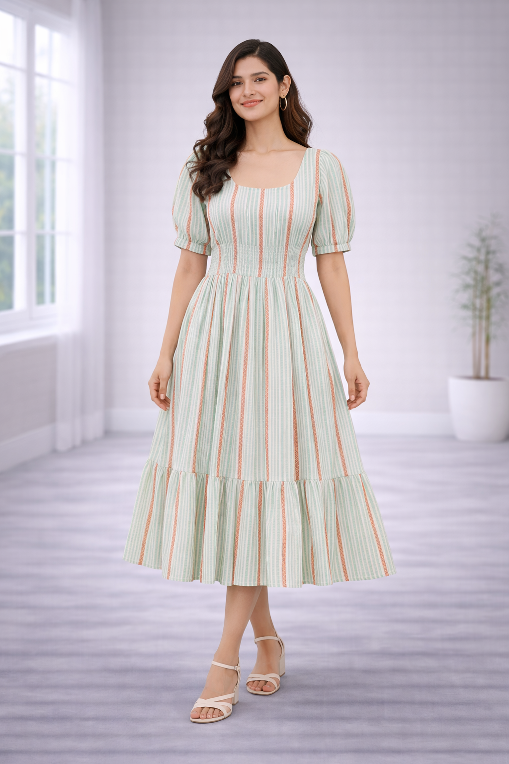 Women’s Pista Green Striped Frock Style Western Top – Scoop Neck Popcorn Fabric